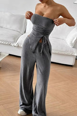 Sexy Wrap Front Split Hem Top Straight Pants Set