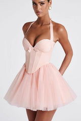 Boned Halter Lace Tie Waist Tulle Mini Dress