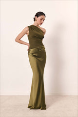 Solid Asymmetric Neckline Sleeveless Formal Dress