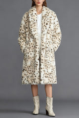 Leopard Print Faux Fur Notch Collar Overcoat
