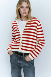 Classic Stripe Knit Cardigan Red / XS