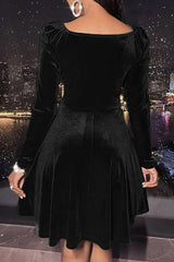 Velvet Solid Long Sleeve V-neck Midi Dress