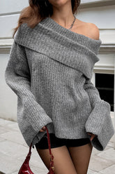 Off-the-Shoulder Bell Sleeve Loose Solid Sweater
