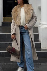 Elegant Wool Blend Long Fur Collar Overcoat