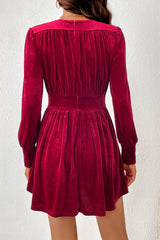 Velvet V-Neck Button Slim Long-Sleeve Mini Dress