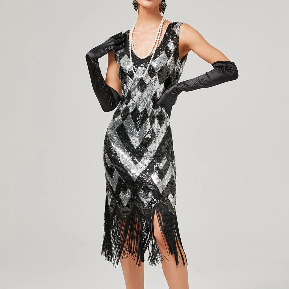 1920s Vintage Flapper Great Gatsby Party V Neck Sleeveless Sequin Beaded Tassel Sun Vestidos Prom Dress SLIVER / S