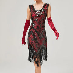 1920s Vintage Flapper Great Gatsby Party V Neck Sleeveless Sequin Beaded Tassel Sun Vestidos Prom Dress RED / S