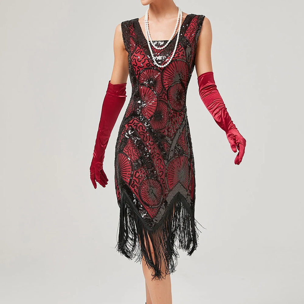1920s Vintage Flapper Great Gatsby Party V Neck Sleeveless Sequin Beaded Tassel Sun Vestidos Prom Dress RED / S
