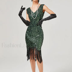 1920s Vintage Flapper Great Gatsby Party V Neck Sleeveless Sequin Beaded Tassel Sun Vestidos Prom Dress