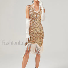 1920s Vintage Flapper Great Gatsby Party V Neck Sleeveless Sequin Beaded Tassel Sun Vestidos Prom Dress