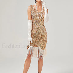 1920s Vintage Flapper Great Gatsby Party V Neck Sleeveless Sequin Beaded Tassel Sun Vestidos Prom Dress