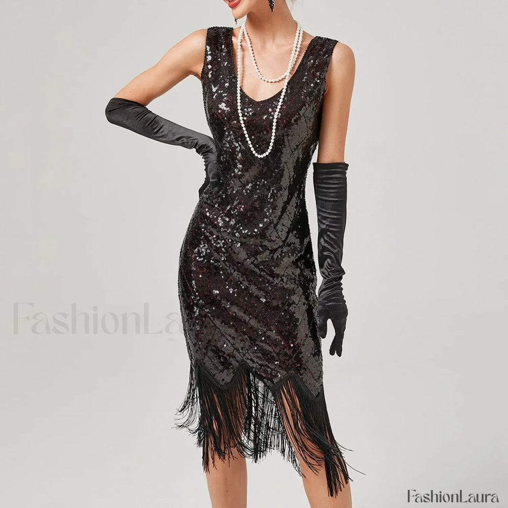 1920s Vintage Flapper Great Gatsby Party V Neck Sleeveless Sequin Beaded Tassel Sun Vestidos Prom Dress BLACK / S