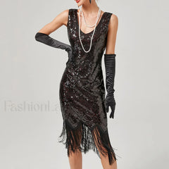 1920s Vintage Flapper Great Gatsby Party V Neck Sleeveless Sequin Beaded Tassel Sun Vestidos Prom Dress BLACK / S