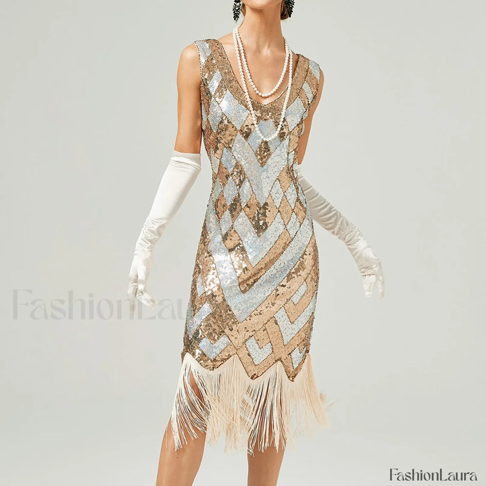 1920s Vintage Flapper Great Gatsby Party V Neck Sleeveless Sequin Beaded Tassel Sun Vestidos Prom Dress GOLD / S