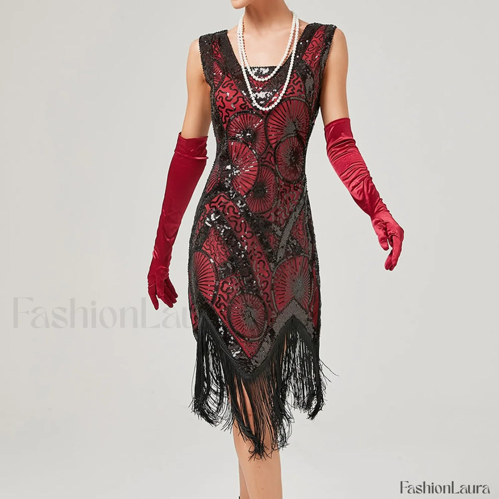 1920s Vintage Flapper Great Gatsby Party V Neck Sleeveless Sequin Beaded Tassel Sun Vestidos Prom Dress RED / S