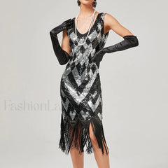 1920s Vintage Flapper Great Gatsby Party V Neck Sleeveless Sequin Beaded Tassel Sun Vestidos Prom Dress SLIVER / S