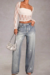 Full Rhinestone High Waist Wide Leg Denim Jeans