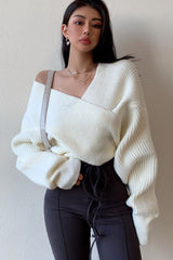 Solid V-Neck Crisscross Cold Shoulder Asymmetric Sweater