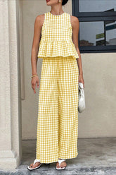 Plaid Ruffle Hem Round Neck Sleeveless Skirt Set