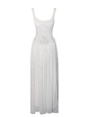 Ulissa White Square Neck Jacquard Trendy Textured High Slit Maxi Dress Dresses