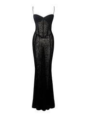 Ulani Black Burnout Velvet Graceful Detail Mesh Maxi Dress Dresses