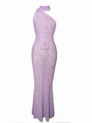 Olena Purple Burnout Velvet Animal Trendy Print Mesh Halter Neck Maxi Dress Dresses
