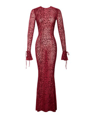 Waylynn Burgundy Burnout Velvet Graceful Detail Mesh Backless Maxi Dress Dresses