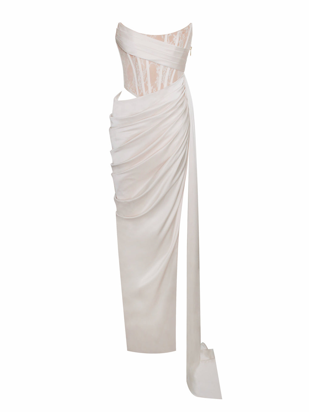 Callie Pearl White Lace Graceful Satin Corset High Slit Gown Gowns