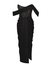 Stella Black Off Shoulder Graceful Crystal Corset Satin Gown Dresses