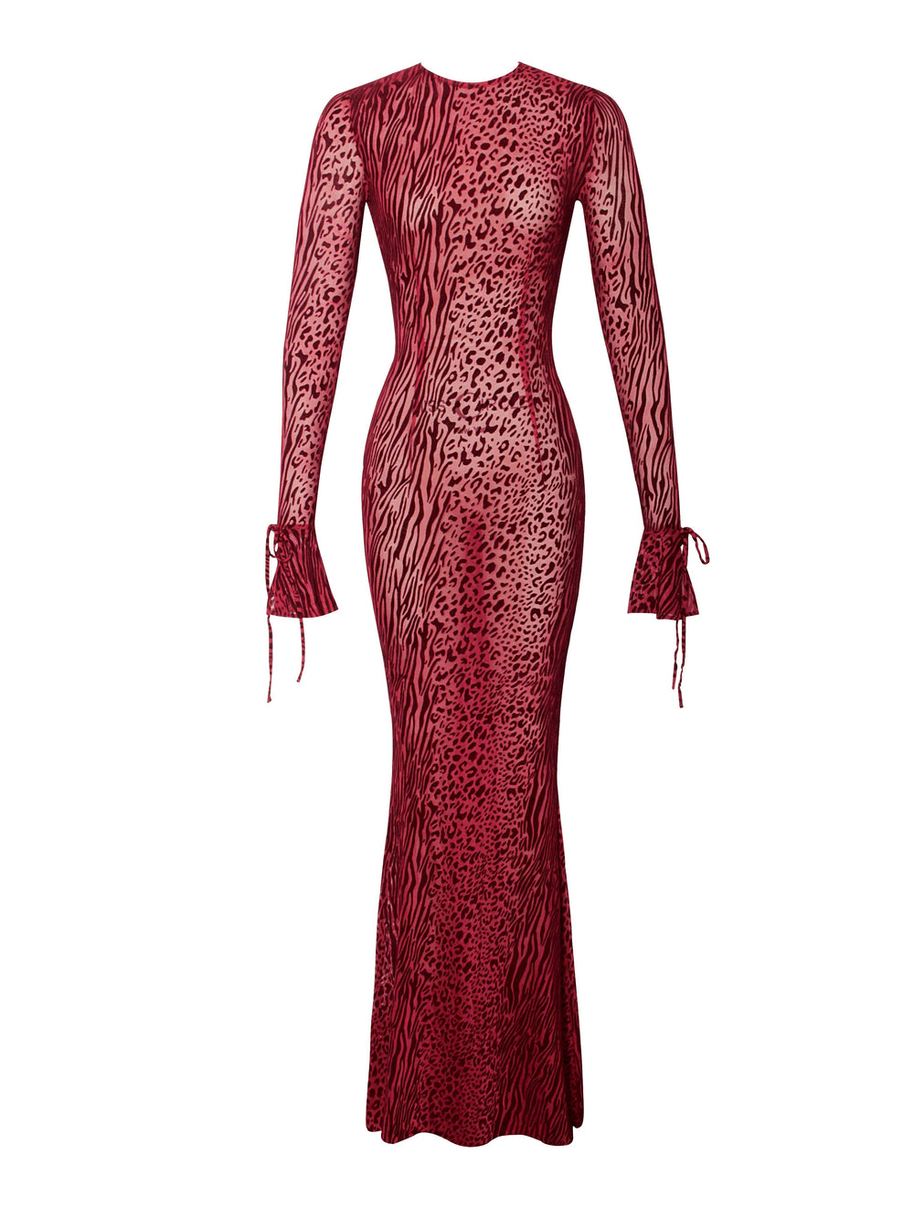 Waylynn Burgundy Burnout Velvet Graceful Detail Mesh Backless Maxi Dress Dresses