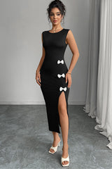 Bow Tie Slit Hem Bodycon Midi Dress