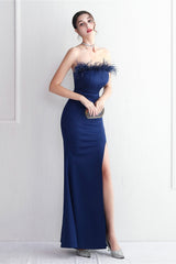 Elegant Feather Trim Strapless Formal Dress