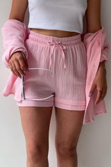 Textured Lapel Long Sleeve Top High Waist Shorts Set