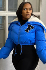 Polar Fleece Patchwork Faux Fur Collar Puffer Jacket