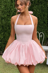 Elegant Halter Tie Bow Puffy Hem Mini Dress