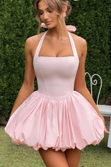 Elegant Halter Tie Bow Puffy Hem Mini Dress