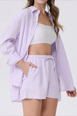 Striped Lapel Long Sleeve Blouse Shorts Set