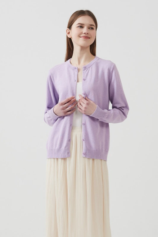 Cotton Round Neck Cardigan Purple / S