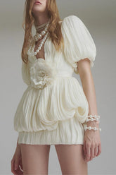 High Waist Ruched 3D Floral Mini Dress