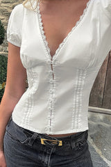 Lace Paneled V Neck Puff Short Sleeve Blouse