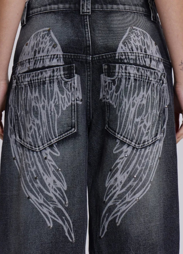 Gradient Wing Print Wide Leg Jeans Black / S