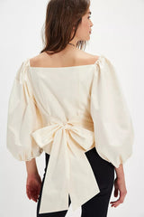 Corset Back Bow Puff Sleeve Blouse