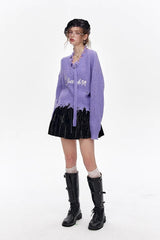 Red Embroidered Raw Edge Wool Blend Sweater