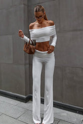 Off Shoulder Long Sleeve Crop Top Pants Set