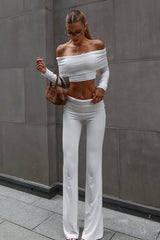 Off Shoulder Long Sleeve Crop Top Pants Set