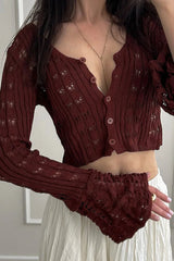 Hollow Out Knit V Neck Long Sleeve Cardigan Coffee / S