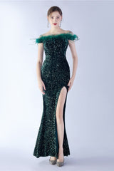 Velvet Sequin Ostrich Feather Off Shoulder Formal Dress
