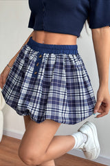 Y2K Plaid Elastic Waist Puff Mini Skirt