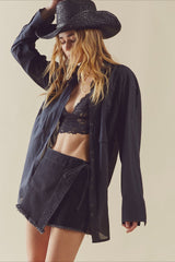 Chic Denim Distressed Hem A-Line Skirt