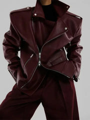 Pu Leather Double Zipper Coat Wine Red 1 / S Coats-241208